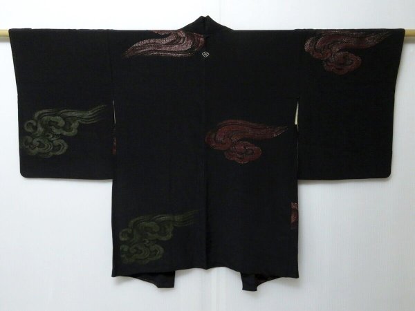 Photo1: 1222H04z480 Vintage Japanese Kimono Silk HAORI Black Cloud (1)