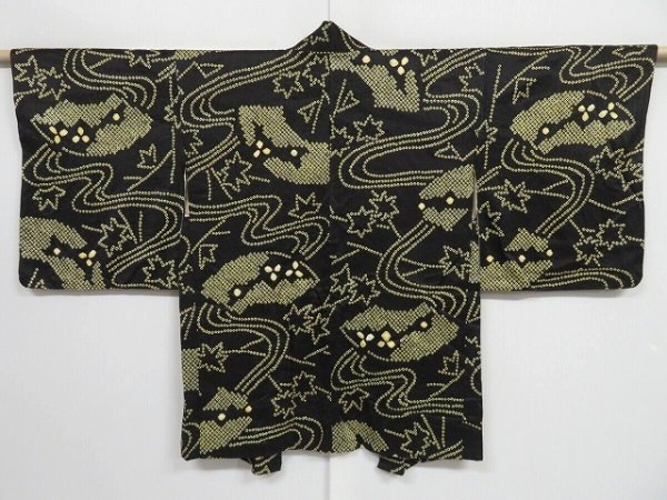 Photo1: 1215i03z510 Vintage Japanese Kimono Silk SHIBORI HAORI Black Jigami (1)