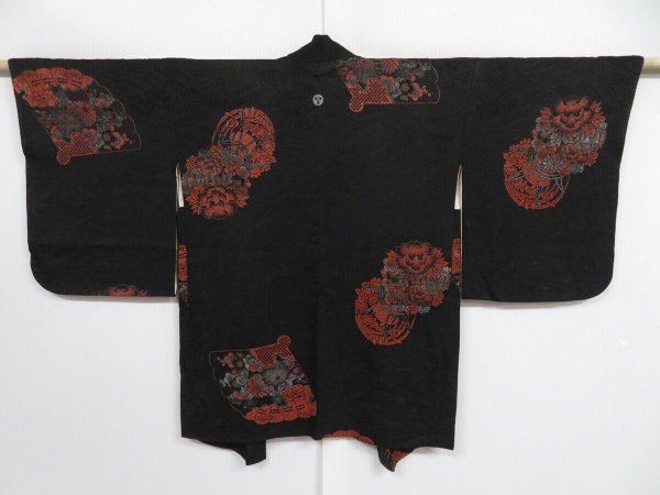 Photo1: 0906i02z600 Vintage Japanese Kimono Silk HAORI Black Flowers (1)