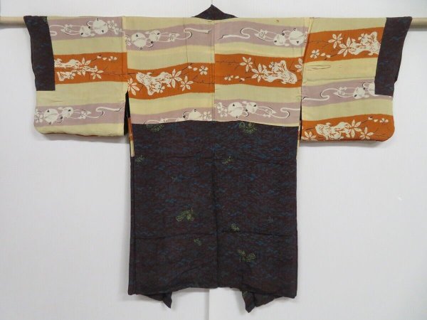 Photo1: 0816i05z340 Antique Japanese Kimono Silk HAORI Dark brown Hut (1)