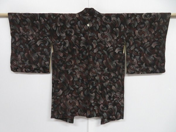 Photo1: 1409i05z790 Vintage Japanese Kimono Silk HAORI Black Wave (1)