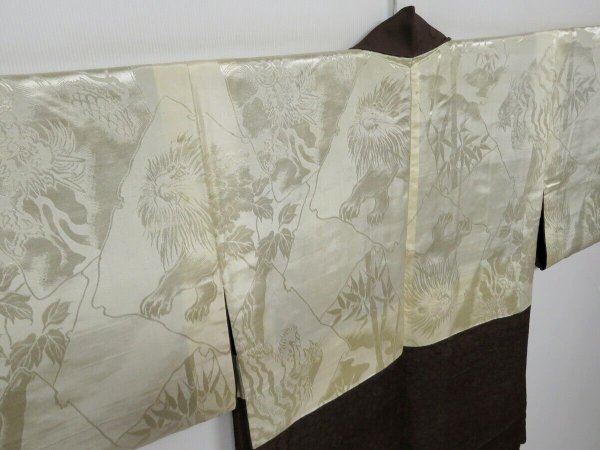 Photo1: 1016H10z470 Vintage Japanese Kimono Silk HAORI Brown Lion Tiger Dragon (1)