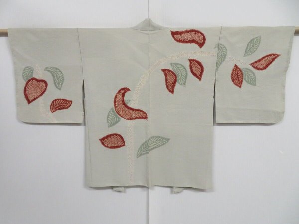 Photo1: 0828i02z550 Vintage Japanese Kimono Silk HAORI Light blue-gray Plants (1)