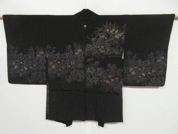 Photo1: 0715i10z500 Vintage Japanese Kimono Silk HAORI Black Flowers (1)