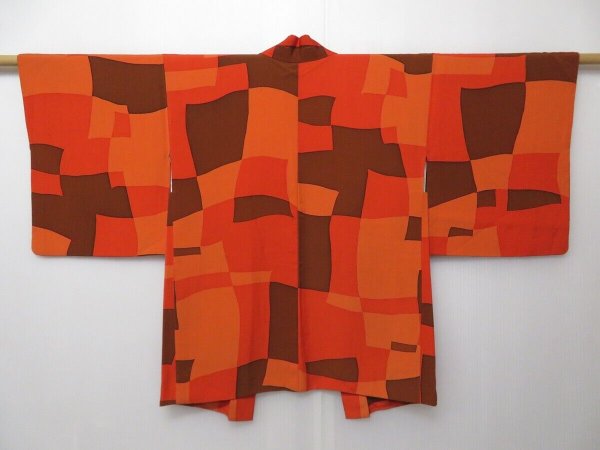 Photo1: 0825T02z590 Japanese Kimono Silk HAORI Orange, Brown (1)