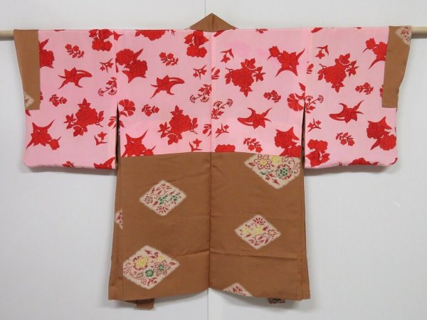 Photo1: 0707N04z700 Vintage Japanese Kimono Silk HAORI Light brown Flower (1)