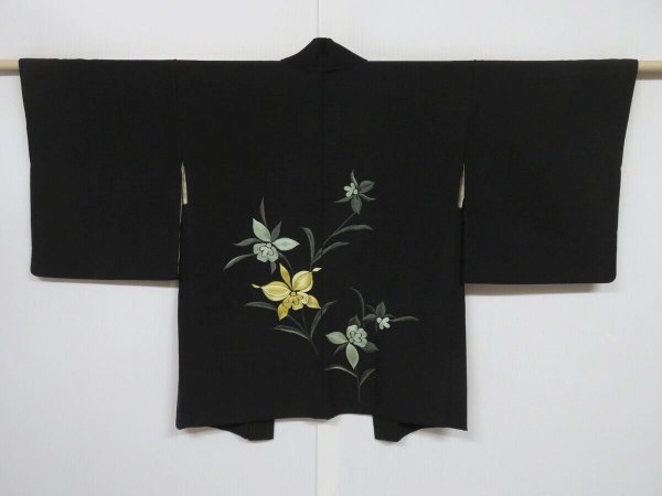 Photo1: 0708N02z600 Vintage Japanese Kimono Silk HAORI Black Cattleya (1)