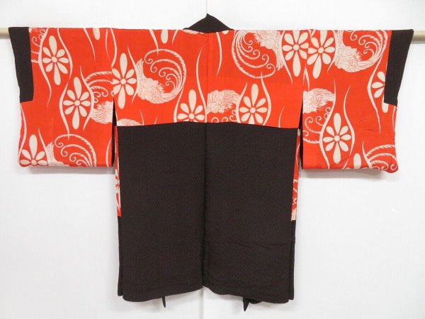 Photo1: 1005i01z630 Vintage Japanese Kimono Silk URUSHI HAORI Black Red-Brown (1)