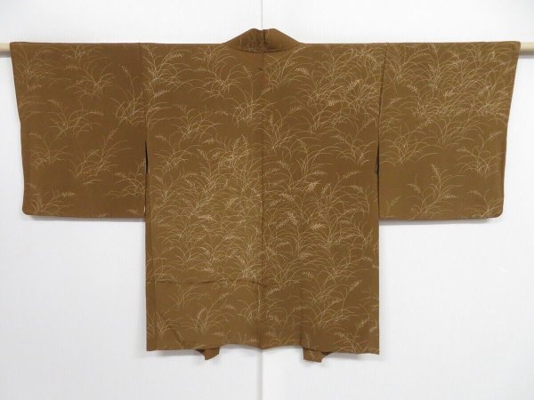 Photo1: 0823i03z610 Japanese Kimono Silk HAORI Ochre brown Plants (1)