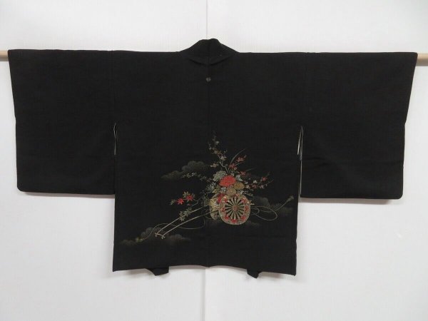 Photo1: 0806i10z520 Vintage Japanese Kimono Silk HAORI Black Hanaguruma (1)