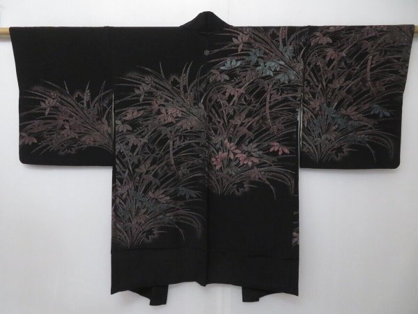 Photo1: 1613i01z650 Vintage Japanese Kimono Silk HAORI Black Orchid (1)