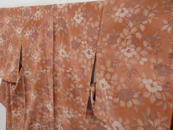 Photo1: 1614T07z940 Japanese Kimono Crepe Silk KOMON Light brown Camellia (1)