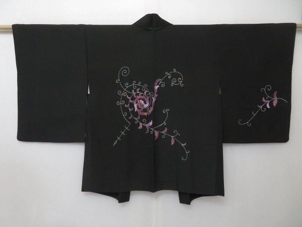 Photo1: 1615i04z590 Vintage Japanese Kimono Silk HAORI Black Plants (1)