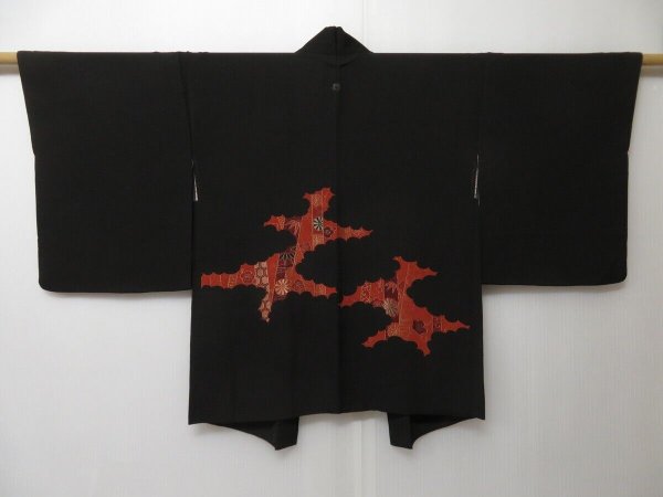 Photo1: 0702T10z580 Vintage Japanese Kimono Silk HAORI Black Chrysanthemum (1)