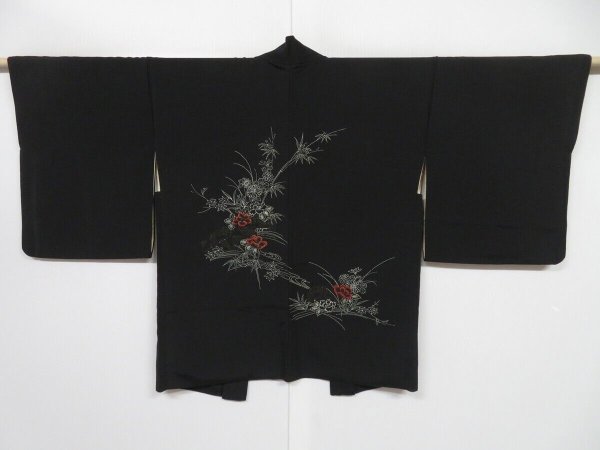 Photo1: 0723i06z540 Vintage Japanese Kimono Silk HAORI Black Flowers (1)