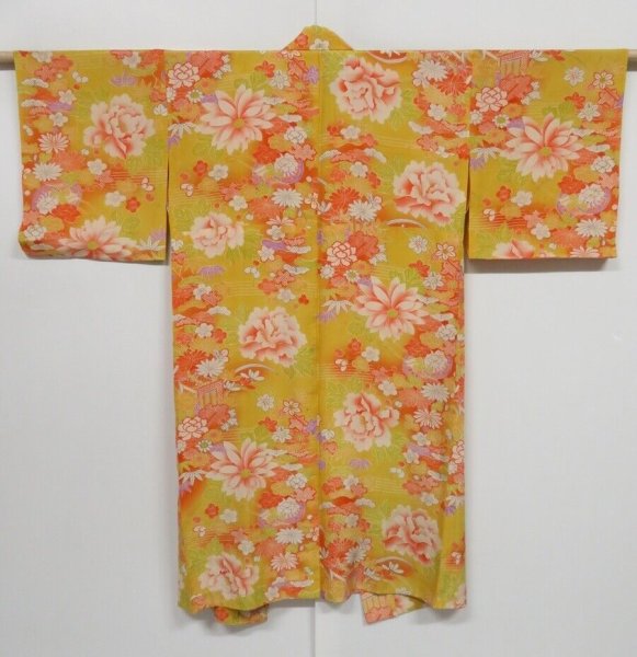 Photo1: 0731i06z310 Antique Japanese Kimono Silk Girl's Hitoe Yellow ochre Flowers (1)