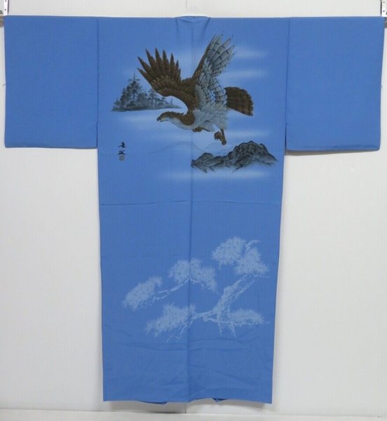 Photo1: 0223N02z420 Japanese Kimono Synthetic Men's JUBAN Light blue Hawk Length 57.9" (1)