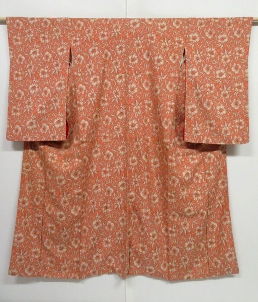 Photo1: 0417N01z810 Vintage Japanese Kimono Silk KOMON Coral orange Flower (1)