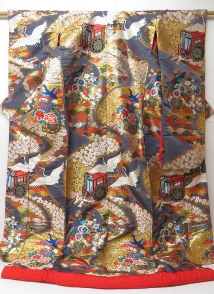 Photo1: 2214T02z3840  Japanese Kimono Silk UCHIKAKE Flying crane Purple-Gray (1)