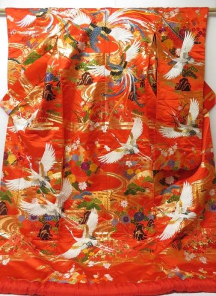 Photo1: 2214T03z4120  Japanese Kimono Silk UCHIKAKE Flying crane Tomato red (1)