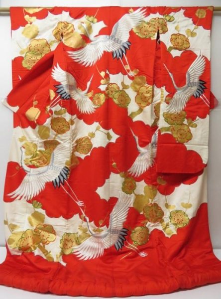 Photo1: 2214T04z3500 Vintage Japanese Kimono Silk UCHIKAKE Flying crane Red (1)