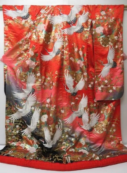 Photo1: 2214T05z4060  Japanese Kimono Silk UCHIKAKE Flying crane Red (1)