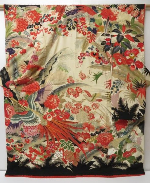 Photo1: 2228T01z1590 Vintage Japanese Kimono Silk FURISODE Bird Off-white (1)