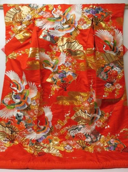 Photo1: 2304T04z4530  Japanese Kimono Silk UCHIKAKE Flying crane Tomato red (1)