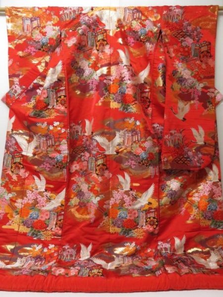 Photo1: 2304T06z4350  Japanese Kimono Silk UCHIKAKE Flying crane Red (1)