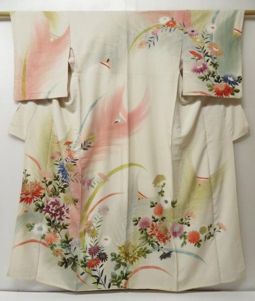 Photo1: 2323T01z890 Vintage Japanese Kimono Silk TSUKESAGE Chrysanthemum Sand beige (1)