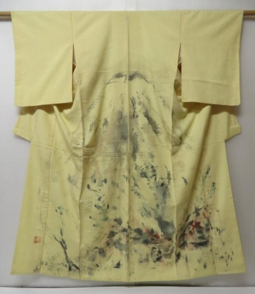 Photo1: 2328T01z950 Vintage Japanese Kimono Silk HOUMONGI Hand Painted Mountain (1)