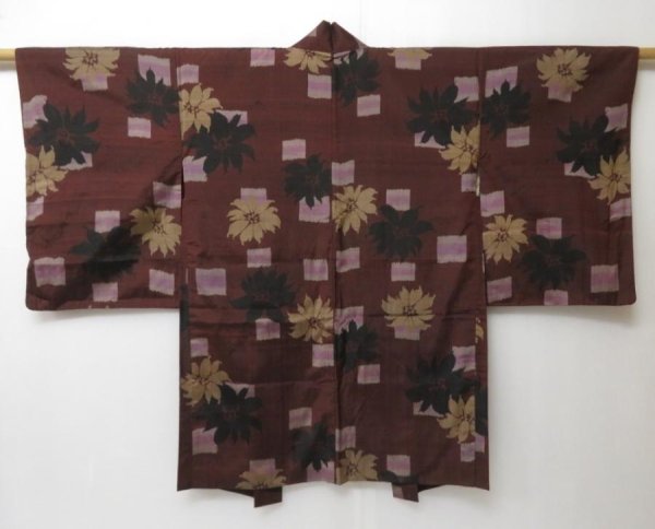 Photo1: 2330T04z360 Vintage Japanese Kimono Silk MEISEN HAORI Flower Purple-Brown (1)