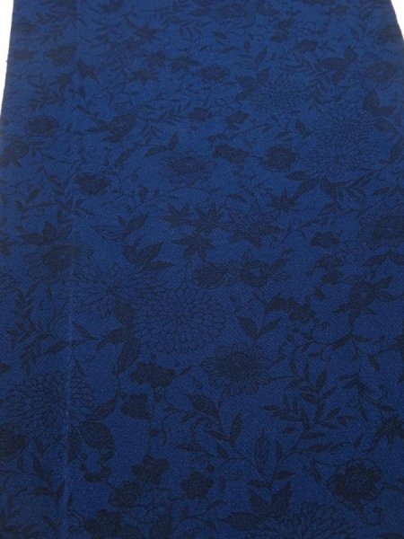 Photo1: 4H04z110  Japanese Kimono Crepe Silk  FABRIC Flowers Indigo 65.4x13.8 (1)