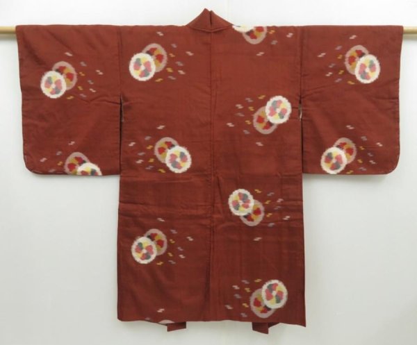 Photo1: 2805T03z440 Vintage Japanese Kimono Silk MEISEN HAORI Kasuri Red-Brown (1)