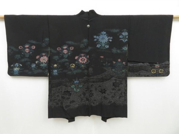 Photo1: 2805T05z650 Vintage Japanese Kimono Silk HAORI Flowers Black (1)