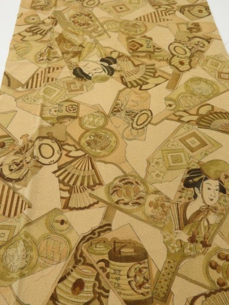 Photo1: 2M06z100  Japanese Kimono Crepe Silk  FABRIC Battle dore Light brown 63.8x14.2 (1)