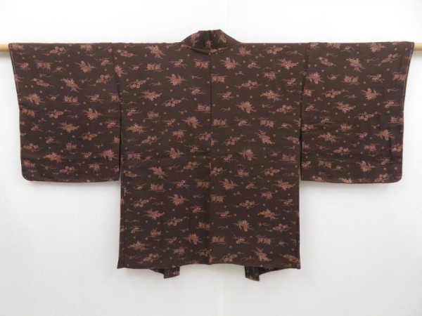 Photo1: 2820T02z490 Vintage Japanese Kimono Silk HAORI Flowers Dark brown (1)