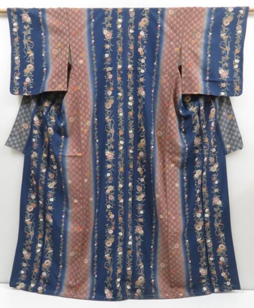 Photo1: 2820T05z1060  Unused Japanese Kimono Silk KOMON Chrysanthemum Navy (1)