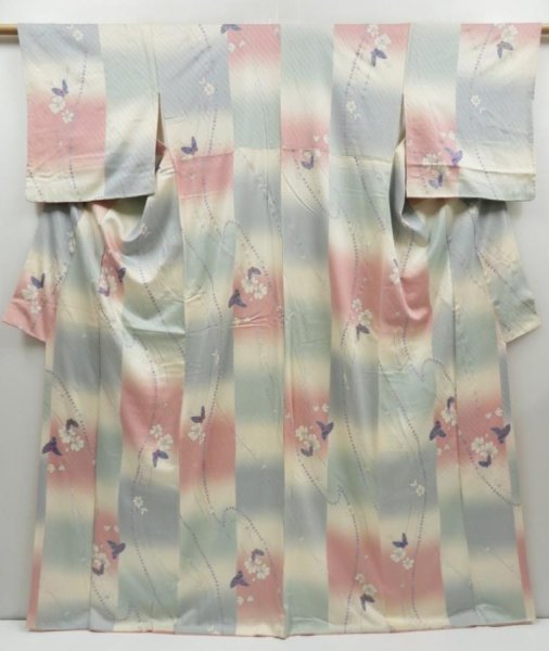 Photo1: 2826T02z930 Vintage Japanese Kimono Silk KOMON Butterfly Off-white (1)