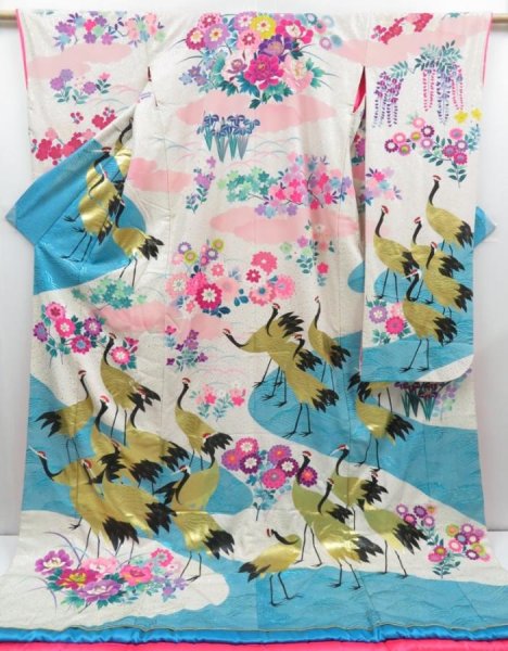 Photo1: 2916T03z3700  Japanese Kimono Silk UCHIKAKE Crane Off-white (1)