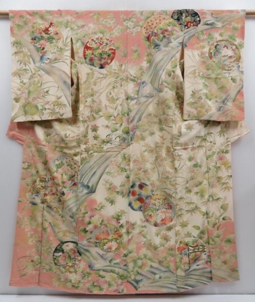 Photo1: 2901T05z870 Vintage Japanese Kimono Silk TSUKESAGE Flowers Off-white (1)