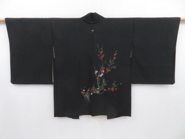 Photo1: 2901T09z560 Vintage Japanese Kimono Silk HAORI Plum blossom Black (1)