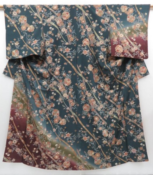 Photo1: 2908T08z980  Japanese Kimono Silk TSUKESAGE Flowers Dark cyan (1)