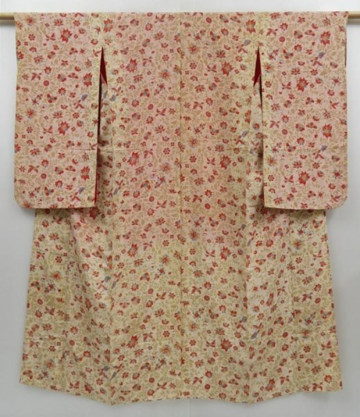 Photo1: 2910T08z450 Antique Japanese Kimono Silk FURISODE Bird Light cream (1)