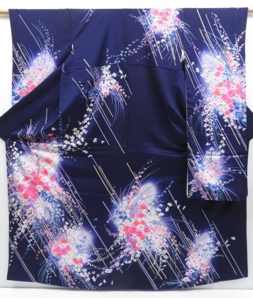 Photo1: 2911T08z1180  Japanese Kimono Silk FURISODE Flowers Dark purple (1)