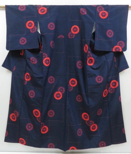 Photo1: 2919T04z920  Japanese Kimono Silk TSUMUGI Genjiguruma Dark navy (1)