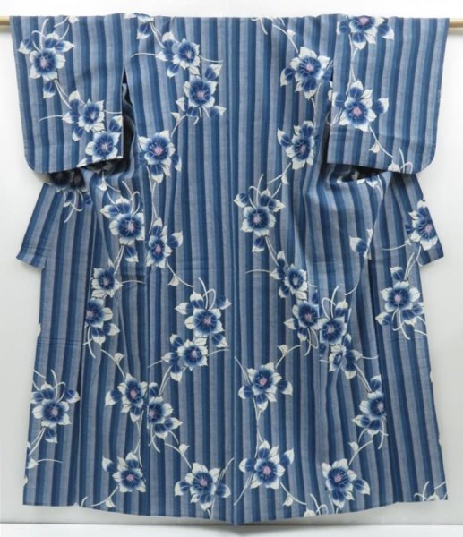 Photo1: 2919T05z450 Vintage Japanese Kimono Cotton YUKATA Flower Dark blue (1)