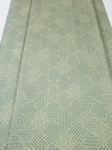 Photo1: 1G03z80  Japanese Kimono Silk  FABRIC Matsukawabishi Grass green 62.2x14.2 (1)