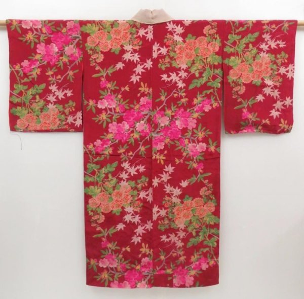 Photo1: 2931T07z380 Antique Japanese Kimono Silk JUBAN Sakura Wine red (1)