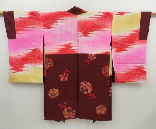 Photo1: 3008T03z510 Vintage Japanese Kimono Silk LONG HAORI Flower Red-Brown (1)